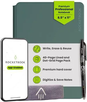 Pro Smart Reusable Notebook, Letter 8.5x11, Green Lined and Dotted Interchangeable Pages, For Work and Business Meetings Pro Smart Reusable Notebook, Letter 8.5x11, Green Lined and Dotted Interchangeable Pages, For Work and Business Meetings