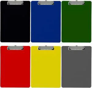 Plastic Clipboards Letter Size Low Profile 6-Pack (Assorted 3) Color code by person, department or shift; holds 80 to 100 sheets with rubberized grip corners and a hanging loop Plastic Clipboards Letter Size Low Profile 6-Pack (Assorted 3) Color code by person, department or shift; holds 80 to 100 sheets with rubberized grip corners and a hanging loop