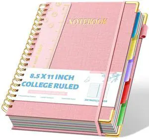 5-Subject Hardcover Spiral Notebook, 8.5" x 11", College Ruled 300 college-ruled pages, 100 GSM paper, 5 removable dividers, inner pocket and protective metal corners 5-Subject Hardcover Spiral Notebook, 8.5" x 11", College Ruled 300 college-ruled pages, 100 GSM paper, 5 removable dividers, inner pocket and protective metal corners