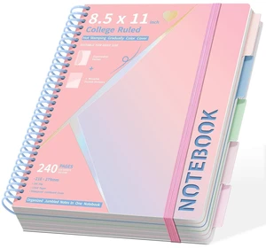5-Subject Hardcover Spiral Notebook, 8.5" x 11", College Ruled 240 college-ruled pages, 100 GSM paper, 5 removable dividers, inner pocket and protective metal corners 5-Subject Hardcover Spiral Notebook, 8.5" x 11", College Ruled 240 college-ruled pages, 100 GSM paper, 5 removable dividers, inner pocket and protective metal corners