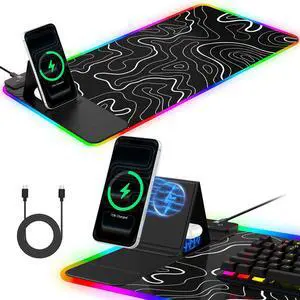 RGB Mouse Pad with Foldable Phone Stand Wireless Charger, 31.5"x11.8" XL Gaming Mousepad Large Desk Mat, Desk Pad with 11 Colors 5 Modes, Waterproof RGB Mouse Pad with Foldable Phone Stand Wireless Charger, 31.5"x11.8" XL Gaming Mousepad Large Desk Mat, Desk Pad with 11 Colors 5 Modes, Waterproof