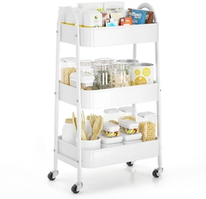 3 Tier Rolling Cart Under Desk, Large Metal Storage Cart with Handle and Lockable Wheels, Big Multifunctional Storage Organizer Trolley for Kitchen, Living Room, Office, Garage (White) 3 Tier Rolling Cart Under Desk, Large Metal Storage Cart with Handle and Lockable Wheels, Big Multifunctional Storage Organizer Trolley for Kitchen, Living Room, Office, Garage (White)