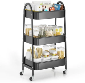 3 Tier Rolling Cart, Large Metal Storage Cart with Handle and Lockable Wheels, Big Multifunctional Storage Organizer Trolley with Mesh Baskets for Kitchen, Living Room, Office, Garage (Black) 3 Tier Rolling Cart, Large Metal Storage Cart with Handle and Lockable Wheels, Big Multifunctional Storage Organizer Trolley with Mesh Baskets for Kitchen, Living Room, Office, Garage (Black)