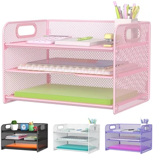 3 Tier Pink Letter Tray Paper Organizer with Handle, Mesh Desk Organizer Paper Sorter File Rack Shelves, Pink 3 Tier Pink Letter Tray Paper Organizer with Handle, Mesh Desk Organizer Paper Sorter File Rack Shelves, Pink