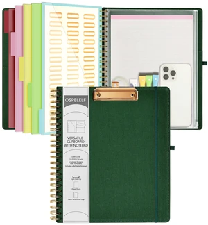 Foldable Spiral Clipboard Folio with Storage Zipper Pouch, 5 Plastic Folders with 10 Pockets,Refillable Lined Notepad (11" x 8.5"), Hardcover Project Organizer with 39 Stickers (Dark Green) Foldable Spiral Clipboard Folio with Storage Zipper Pouch, 5 Plastic Folders with 10 Pockets,Refillable Lined Notepad (11" x 8.5"), Hardcover Project Organizer with 39 Stickers (Dark Green)