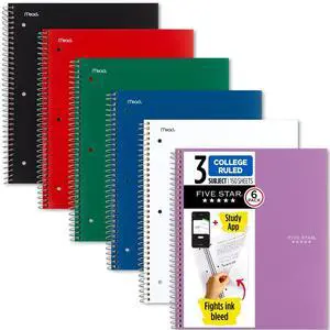 Spiral Notebooks Plus Study App, 6 Pack, 3 Subject, College Ruled Paper, 11" x 8-1/2", 150 Sheets, Black, Red, Green, Blue, White, Purple (73930) Spiral Notebooks Plus Study App, 6 Pack, 3 Subject, College Ruled Paper, 11" x 8-1/2", 150 Sheets, Black, Red, Green, Blue, White, Purple (73930)