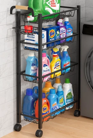 4 Tier Laundry Room Cart with Top Detergent Holder, Pure Black Metal Rolling Storage Cart, Fits between Washer and Dryer, Narrow Laundry Room Organization and Storage, with Wheels 4 Tier Laundry Room Cart with Top Detergent Holder, Pure Black Metal Rolling Storage Cart, Fits between Washer and Dryer, Narrow Laundry Room Organization and Storage, with Wheels