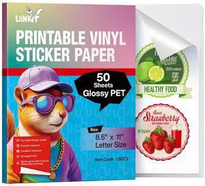 Glossy Printable Vinyl Sticker Paper Letter Size 8.5x11" 50 Sheets Tear-Resistant & Waterproof with Inkjet/Laser Printers & Cricut, for Small Business Labels, Crafts, Decals Sticker Making Glossy Printable Vinyl Sticker Paper Letter Size 8.5x11" 50 Sheets Tear-Resistant & Waterproof with Inkjet/Laser Printers & Cricut, for Small Business Labels, Crafts, Decals Sticker Making
