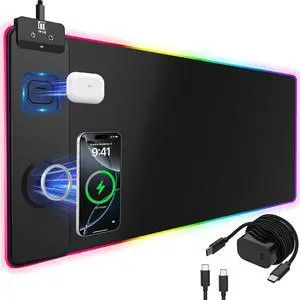 Mouse Pad with Magnetic Wireless Charging, Large Desk Pad Protector, RGB Black Desk Mat with 15W Fast Charger, Non-Slip Waterproof Mousepad for Office Home Gaming Mouse Pad with Magnetic Wireless Charging, Large Desk Pad Protector, RGB Black Desk Mat with 15W Fast Charger, Non-Slip Waterproof Mousepad for Office Home Gaming