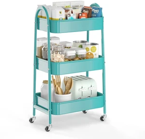 3 Tier Utility Rolling Cart, Metal Storage Cart with Handle and Lockable Wheels, Multifunctional Storage Organizer Trolley with Mesh Baskets for Kitchen, Living Room, Office, Garage (Turquoise) 3 Tier Utility Rolling Cart, Metal Storage Cart with Handle and Lockable Wheels, Multifunctional Storage Organizer Trolley with Mesh Baskets for Kitchen, Living Room, Office, Garage (Turquoise)