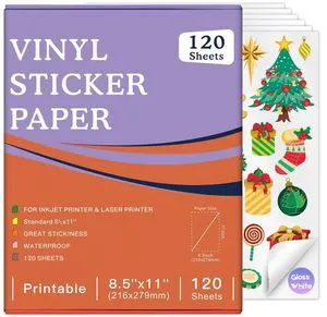 Printable Vinyl Sticker Paper for Inkjet Printers, Glossy White 8.5X11 Inches 120 Sheets, Quick-Drying, Vivid Colors, Water-Resistant Vinyl, Designed for Cricut and Silhouette Cutters & DIY Printable Vinyl Sticker Paper for Inkjet Printers, Glossy White 8.5X11 Inches 120 Sheets, Quick-Drying, Vivid Colors, Water-Resistant Vinyl, Designed for Cricut and Silhouette Cutters & DIY