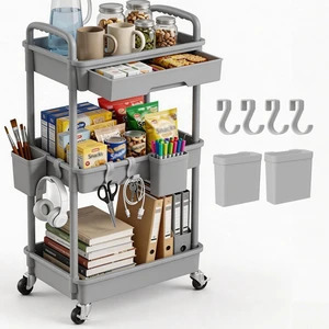 3 Tier Rolling Utility Cart with Drawer, Plastic Storage Organizer Rolling Carts with Wheels Handles Hanging Cups Hooks for Office, Bathroom, Kitchen,Craft Art Room (Grey) 3 Tier Rolling Utility Cart with Drawer, Plastic Storage Organizer Rolling Carts with Wheels Handles Hanging Cups Hooks for Office, Bathroom, Kitchen,Craft Art Room (Grey)