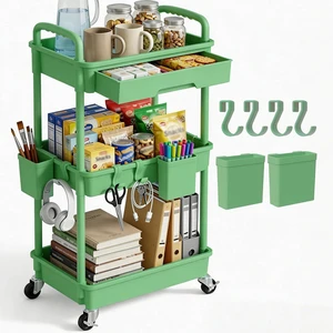 3 Tier Rolling Utility Cart with Drawer, Plastic Storage Organizer Rolling Carts with Wheels Handles Hanging Cups Hooks for Office, Bathroom, Kitchen,Craft Art Room (Green) 3 Tier Rolling Utility Cart with Drawer, Plastic Storage Organizer Rolling Carts with Wheels Handles Hanging Cups Hooks for Office, Bathroom, Kitchen,Craft Art Room (Green)