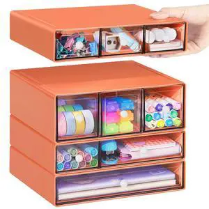 Desk Storage Organizer with 9 Drawers, 4 Tiers Stackable Desktop Craft Storage Drawers, Clear Storage Box Caddy for Stationary Makeup Jewelry Office Craft Supplies (Orange) Desk Storage Organizer with 9 Drawers, 4 Tiers Stackable Desktop Craft Storage Drawers, Clear Storage Box Caddy for Stationary Makeup Jewelry Office Craft Supplies (Orange)