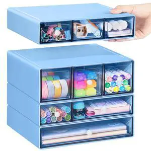 Desk Storage Organizer with 9 Drawers, 4 Tiers Stackable Desktop Craft Storage Drawers, Clear Storage Box Caddy for Stationary Makeup Jewelry Office Craft Supplies (Blue) Desk Storage Organizer with 9 Drawers, 4 Tiers Stackable Desktop Craft Storage Drawers, Clear Storage Box Caddy for Stationary Makeup Jewelry Office Craft Supplies (Blue)