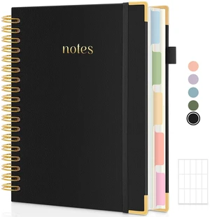 5 Subject Notebook with Dividers and Tabs, 8" x 10" College Ruled Notebook for Work, 300 Pages Spiral Journal for Women, Black 5 Subject Notebook with Dividers and Tabs, 8" x 10" College Ruled Notebook for Work, 300 Pages Spiral Journal for Women, Black