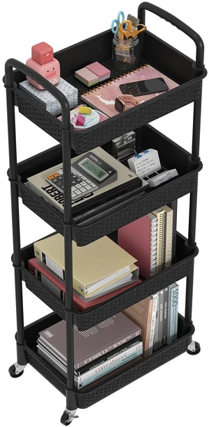 4-Tier Plastic Rolling Utility Cart with Handle, Black Utility Storage Cart for Office, Living Room, Kitchen,Movable Storage OrganizerEasy installationRattan-like art design 4-Tier Plastic Rolling Utility Cart with Handle, Black Utility Storage Cart for Office, Living Room, Kitchen,Movable Storage OrganizerEasy installationRattan-like art design