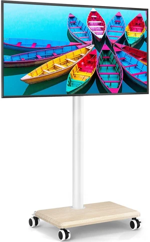 Rolling TV Stand for 32 to 60 Inch TV up to 88lbs Wood Base White Height Adjustable Mobile TV Cart with Lockable Wheels, Portable Floor TV Stand for Living Room, Bedroom, VESA 400x400mm Rolling TV Stand for 32 to 60 Inch TV up to 88lbs Wood Base White Height Adjustable Mobile TV Cart with Lockable Wheels, Portable Floor TV Stand for Living Room, Bedroom, VESA 400x400mm