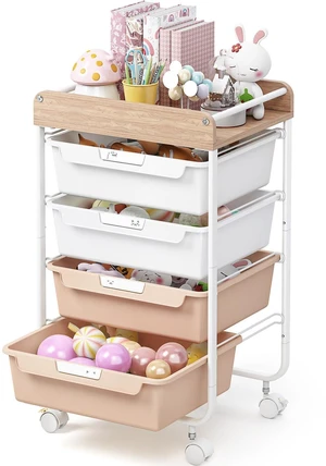 Rolling Storage Utility Cart with 4 Drawers,Art Cart,Pearl Kids Craft Cart,Makeup Organizer and Storage with Wooden Tabletop Rolling Storage Utility Cart with 4 Drawers,Art Cart,Pearl Kids Craft Cart,Makeup Organizer and Storage with Wooden Tabletop