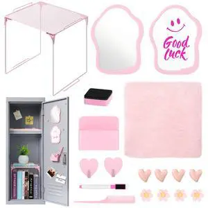 18PCS Locker Accessories for Girls, Lockers Decor for School, Pink Includes a metal mesh shelf, whiteboard, magnetic mirror, comb, arker holders, plush rug and magnets for locker organizer 18PCS Locker Accessories for Girls, Lockers Decor for School, Pink Includes a metal mesh shelf, whiteboard, magnetic mirror, comb, arker holders, plush rug and magnets for locker organizer