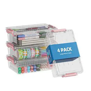 4 Pack Extra Large Pencil Box, Plastic Pencil Case Organizer, Clear Crayon Box Marker Organizer, Stackable Craft Organizers and Storage for Pen, Craft, Art Supply(Pink) 4 Pack Extra Large Pencil Box, Plastic Pencil Case Organizer, Clear Crayon Box Marker Organizer, Stackable Craft Organizers and Storage for Pen, Craft, Art Supply(Pink)