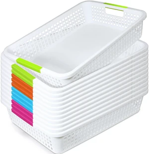 12 Pack Classroom Storage Baskets 15''x10''x3'' Large Plastic Paper Trays with Handle Letter Size A4 Paper Toy Basket Turn in Trays for Library Office Desk Drawer Organizing (12, White) 12 Pack Classroom Storage Baskets 15''x10''x3'' Large Plastic Paper Trays with Handle Letter Size A4 Paper Toy Basket Turn in Trays for Library Office Desk Drawer Organizing (12, White)