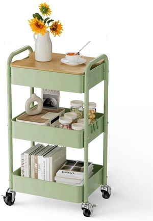 3 Tier Rolling Cart with Table top, Metal Rolling Utility Cart, Sturdy Storage Organizer Cart with Locking Wheels & Hooks for Office, Classroom, Kitchen and Bathroom 3 Tier Rolling Cart with Table top, Metal Rolling Utility Cart, Sturdy Storage Organizer Cart with Locking Wheels & Hooks for Office, Classroom, Kitchen and Bathroom