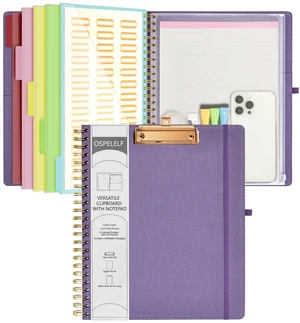 Foldable Spiral Clipboard Folio with Storage Zipper Pouch, 5 Plastic Folders with 10 Pockets,Refillable Lined Notepad (11" x 8.5"), Hardcover Project Organizer with 39 Stickers (Purple) Foldable Spiral Clipboard Folio with Storage Zipper Pouch, 5 Plastic Folders with 10 Pockets,Refillable Lined Notepad (11" x 8.5"), Hardcover Project Organizer with 39 Stickers (Purple)