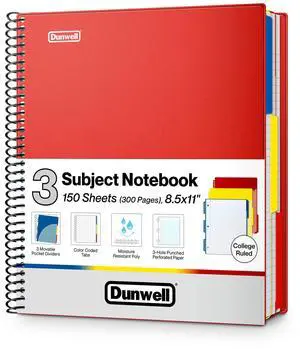 3-Subject Spiral Notebook College Ruled 8.5x11 (Red), 150 Sheets (300 Pages), Tabs, Color Movable Divider Pockets, Protective Plastic Covers, 3-Hole Punched Tear-Off Paper 3-Subject Spiral Notebook College Ruled 8.5x11 (Red), 150 Sheets (300 Pages), Tabs, Color Movable Divider Pockets, Protective Plastic Covers, 3-Hole Punched Tear-Off Paper