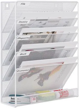 5 Tier Wall File Holder, Mesh Hanging Folder Organizer with Classify Label, Versatile Desk File Holder, Vertical Wall Mounted Mail Organizer for Office Home Cubicle, White 5 Tier Wall File Holder, Mesh Hanging Folder Organizer with Classify Label, Versatile Desk File Holder, Vertical Wall Mounted Mail Organizer for Office Home Cubicle, White