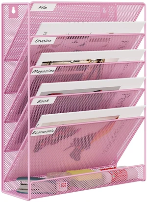 5 Tier Wall File Holder, Mesh Hanging Folder Organizer with Classify Label, Versatile Desk File Holder, Vertical Wall Mounted Mail Organizer for Office Home Cubicle, Pink 5 Tier Wall File Holder, Mesh Hanging Folder Organizer with Classify Label, Versatile Desk File Holder, Vertical Wall Mounted Mail Organizer for Office Home Cubicle, Pink