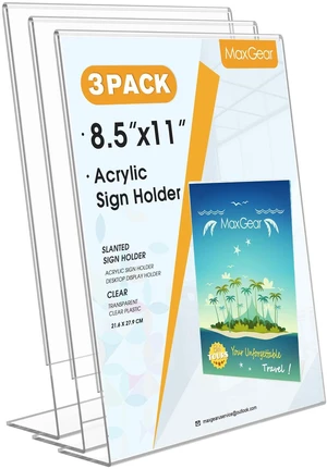 Acrylic Sign Holder, 8.5 x 11 L-Shape Plastic Display Stand, 3 Pack Clear Acrylic Material, L-Shape Design for Menus, Flyers and Signs, Easy Paper Insertion, Use In Office, Home, Store Acrylic Sign Holder, 8.5 x 11 L-Shape Plastic Display Stand, 3 Pack Clear Acrylic Material, L-Shape Design for Menus, Flyers and Signs, Easy Paper Insertion, Use In Office, Home, Store