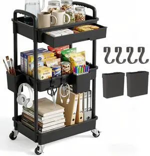 3 Tier Rolling Utility Cart with Drawer, Plastic Storage Organizer Rolling Carts with Wheels Handles Hanging Cups Hooks for Office, Bathroom, Kitchen,Craft Art Room (Black) 3 Tier Rolling Utility Cart with Drawer, Plastic Storage Organizer Rolling Carts with Wheels Handles Hanging Cups Hooks for Office, Bathroom, Kitchen,Craft Art Room (Black)