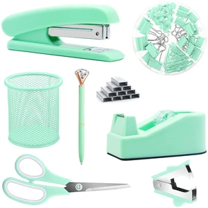Green Desk Accessories, Green Office Supplies, Stapler, Staple Remover, Tape Holder, Pen Holder, Ballpoint Pen, Scissor, Binder Clips, Paper Clips and 1000pcs Staples Green Desk Accessories, Green Office Supplies, Stapler, Staple Remover, Tape Holder, Pen Holder, Ballpoint Pen, Scissor, Binder Clips, Paper Clips and 1000pcs Staples