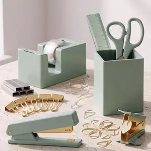 Aesthetic Desk Accessories Set for Women - A Complete Office Organizer Set Office Supplies Kit with Gold Finish Includes Pen Holder, Scissors, Stapler, Tape Dispenser and More Aesthetic Desk Accessories Set for Women - A Complete Office Organizer Set Office Supplies Kit with Gold Finish Includes Pen Holder, Scissors, Stapler, Tape Dispenser and More
