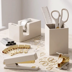 Aesthetic Desk Accessories Set for Women - A Complete Office Organizer Set Office Supplies Kit with Gold Finish Includes Pen Holder, Scissors, Stapler, Tape Dispenser and More Aesthetic Desk Accessories Set for Women - A Complete Office Organizer Set Office Supplies Kit with Gold Finish Includes Pen Holder, Scissors, Stapler, Tape Dispenser and More