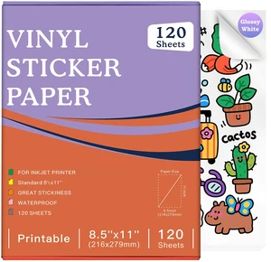 120-Sheet Glossy White Printable Vinyl Sticker Paper, 8.5x11, Inkjet Glossy White Waterproof, Dries Quickly, Vivid Colors, Tear-Resistant Vinyl, Works With Cutting Machines 120-Sheet Glossy White Printable Vinyl Sticker Paper, 8.5x11, Inkjet Glossy White Waterproof, Dries Quickly, Vivid Colors, Tear-Resistant Vinyl, Works With Cutting Machines