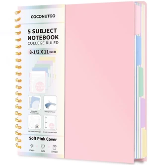 5 Subject Spiral Notebook, College Ruled, 150 Sheets, Pink Plastic Cover, 5 Movable Pastel Tab Dividers with Pockets, 3-Hole Punched, 75gsm Paper, Writable Stickers, Fits 8.5 x 11 in Paper 5 Subject Spiral Notebook, College Ruled, 150 Sheets, Pink Plastic Cover, 5 Movable Pastel Tab Dividers with Pockets, 3-Hole Punched, 75gsm Paper, Writable Stickers, Fits 8.5 x 11 in Paper