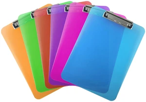 Assorted Clear Clipboards Letter Size Low Profile (6-Pack) Transparent tinted plastic in six colors - Fits 8.5 x 11 letter paper - Bulk 6 pack for classroom and office use Assorted Clear Clipboards Letter Size Low Profile (6-Pack) Transparent tinted plastic in six colors - Fits 8.5 x 11 letter paper - Bulk 6 pack for classroom and office use