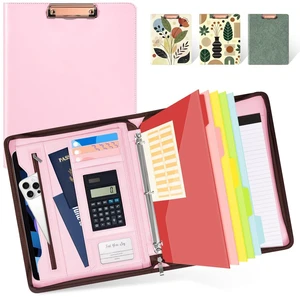 Pink Leather Portfolio Binder 3 Ring, Zippered Clipboard Folder with Storage - 5 Dividers with Pocket, Padfolio for Women,12.1 Tablet Sleeve, Refillable Notepad, Card Slot Pink Leather Portfolio Binder 3 Ring, Zippered Clipboard Folder with Storage - 5 Dividers with Pocket, Padfolio for Women,12.1 Tablet Sleeve, Refillable Notepad, Card Slot