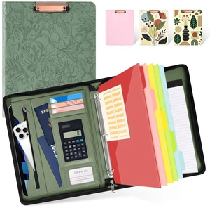 Green Leather Portfolio Binder 3 Ring, Zippered Clipboard Folder with Storage - 5 Dividers with Pocket, Padfolio for Women,12.1 Tablet Sleeve, Refillable Notepad, Card Slot Green Leather Portfolio Binder 3 Ring, Zippered Clipboard Folder with Storage - 5 Dividers with Pocket, Padfolio for Women,12.1 Tablet Sleeve, Refillable Notepad, Card Slot