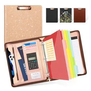 Clipboard with Storage, 3 Ring Binder with Zipper, Leather Padfolio Portfolio Folder, Calculator, 12.1 Tablet Sleeve, 5 Dividers with Pocket|Refillable Notepad, Card Slot (Rose Gold) Clipboard with Storage, 3 Ring Binder with Zipper, Leather Padfolio Portfolio Folder, Calculator, 12.1 Tablet Sleeve, 5 Dividers with Pocket|Refillable Notepad, Card Slot (Rose Gold)