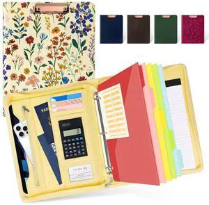 Leather Clipboard Binder with Storage - 3 Ring Zippered Padfolio Portfolio Folder - Calculator, 12.1 Tablet Sleeve, 5 Dividers with Pocket, Refillable Notepad, Card Slot (Floral) Leather Clipboard Binder with Storage - 3 Ring Zippered Padfolio Portfolio Folder - Calculator, 12.1 Tablet Sleeve, 5 Dividers with Pocket, Refillable Notepad, Card Slot (Floral)