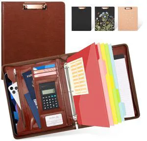 3 Ring Binder Portfolio Folder with Zipper- Leather Padfolio with Clipboard Storage- Calculator, 12.1 Tablet Sleeve, 5 Dividers with Pocket, Refillable Notepad, Card Slot (Red Brown) 3 Ring Binder Portfolio Folder with Zipper- Leather Padfolio with Clipboard Storage- Calculator, 12.1 Tablet Sleeve, 5 Dividers with Pocket, Refillable Notepad, Card Slot (Red Brown)