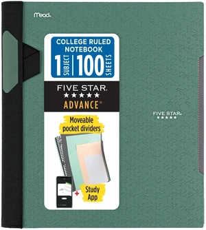 Advance Spiral Notebook + Study App, 1 Subject, College Ruled Paper, 8-1/2" x 11", 100 Sheets, Spiral Guard, Movable Tabbed Dividers, Seaglass Green (820012C-ECM) Advance Spiral Notebook + Study App, 1 Subject, College Ruled Paper, 8-1/2" x 11", 100 Sheets, Spiral Guard, Movable Tabbed Dividers, Seaglass Green (820012C-ECM)