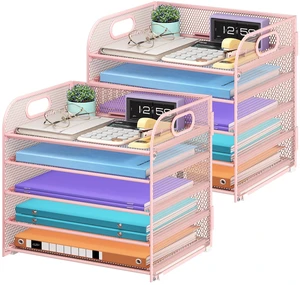 2 Pack 5 Tier Paper Organizer, Letter Tray with Handle, Mesh Desk Organizer, Metal File Organizer, Office Desk Accessories for Home, Office, Classroom, School (Pink, 2) 2 Pack 5 Tier Paper Organizer, Letter Tray with Handle, Mesh Desk Organizer, Metal File Organizer, Office Desk Accessories for Home, Office, Classroom, School (Pink, 2)