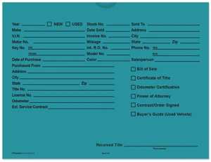 Printed Vehicle Deal Envelopes 9x12 Deal Jackets (100 shrink wrapped) (Teal) Printed Vehicle Deal Envelopes 9x12 Deal Jackets (100 shrink wrapped) (Teal)