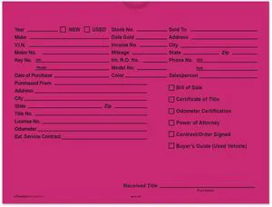 Printed Vehicle Deal Envelopes 9x12 Deal Jackets (100 shrink wrapped) (Fuchsia) Printed Vehicle Deal Envelopes 9x12 Deal Jackets (100 shrink wrapped) (Fuchsia)
