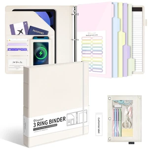 Leather 3 Ring Binder for Letter Size Documents with Pocketed Dividers, 1 Inch Round Rings, Holds 175 Sheets, Binders with Storage Bag & Notepad, for Office School Home Organization, White Leather 3 Ring Binder for Letter Size Documents with Pocketed Dividers, 1 Inch Round Rings, Holds 175 Sheets, Binders with Storage Bag & Notepad, for Office School Home Organization, White