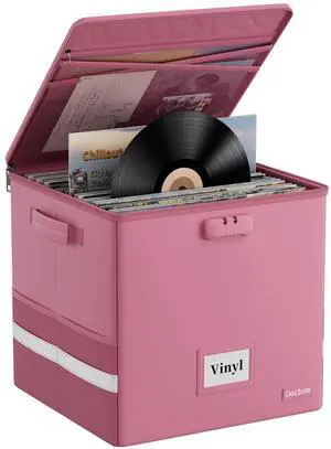 Vinyl Record Storage Box with Lock, FireproofWater Resistant Record Organizer for 100+ Single Records(12-inch), Collapsible Storage Crate with Lid&Handles for Valuable Album Collection,Pink Vinyl Record Storage Box with Lock, FireproofWater Resistant Record Organizer for 100+ Single Records(12-inch), Collapsible Storage Crate with Lid&Handles for Valuable Album Collection,Pink